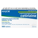 MAJOR Cetirizine Hydrochloride Tablets - 24 Hour Indoor and Outdoor Allergy Relief for Sneezing, Watery Eyes, Itchy Throat or Nose - 10mg - 100 Count (1 Pack)