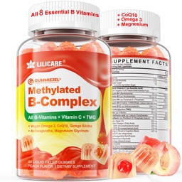 Super metilirani vitamin B kompleksni žvečilni gumiji - vsi B vitamini + Omega-3, magnezij, CoQ10, Ashwagandha,Vitamin C, TMG- za ženske moški- metil B12 2000 mcg, metilfolat, B1,B2, B3,B5,B6,B7- Sladkor brez sladkorja