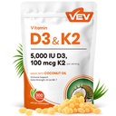 VEV Corefeel Vitamin D3 K2, 5000 i.e. D3 100mcg K2 (MK 7), 300 softgels, 2-v-1 vitamin D & K dodatek s kokosovim oljem, podpira kalcijevo absorpcijo in zdravje kosti, enostavno požiranje