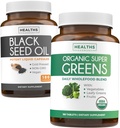 Olje črnega semena in organska superzelena (3-mesečna zaloga) Semenska mešanica črnega olja semena (180 kapsul) Nigella Sativa & Organic Super Greens Powder (180 tablet) Popolna Superfood