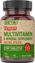 DEVA Vegan brez železa Multivitaminski in mineralni dodatek, vitamin C, D2, E & B-kompleks, Biotin, 90 majhne tablete