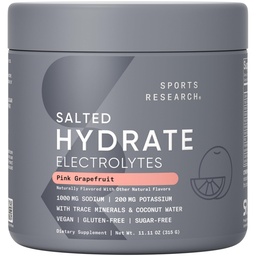Sports Research® Hydrate Electrolytes Salted Pink Grapefruit - Sugar-Free & Naturally Flavored with Vitamins, Minerals, and Coconut Water - Supports Hydration* - 45 Servings