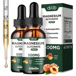 Magnesium Glycinate Liquid Drops Supplement, with Magnesium Glycinate 500mg Ashwagandha, L - Theanine, Chamomile -Support Stress Relief, Bone, Muscle, Mood Peach Flavor 2Pack