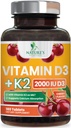 Vitamin D3 K2 2000 i.e. Plus s K2 (MK-7) 75 μg - Vitamini D & K Complex dodatek za kosti, zobe, mišice, absorpcijo kalcija, podpira zdravje imunskega sistema in srca, ne- GMO žvečljiva formula - 180 tablet