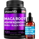 4-v-1 tekoči biotin kolagen keratin žaga Palmetto kapljice (2 fl oz - 1 pakiranje) & 6-v-1 Maca Root Ashwagandha w Črni poper sadje (120ct) strnad - lasje, koža, nohti, energija & Mood dodatek