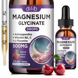 Magnezij Glycinate Tekoče kapljice 500mg, z vitaminom B6, Ashwagandha, L - Teanin, Kamilica, Magnezij Glicinate dodatek visoka absorpcija za spanje, stres, energija, Mood - Cherry aroma