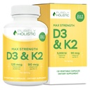 Čisto holistični vitamin D3 125mcg in vitamin K2 90mcg MK7-4 Mesec dobava 150 Vegetarian kapsule - Vitamin D3 & K2 Menaqunion - Visoka moč Cholekalciferol Izdelano v ZDA