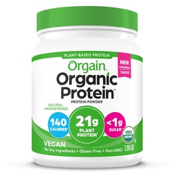 Orgain Organic Vegan Protein Powder, naravni nesladkan - 21g rastlinskih beljakovin, 4g predbiotične vlaknine, nizko neto ogljikove hidrate, brez laktoze sestavine, brez dodanega sladkorja, ne-GMO, za pretrese in napitke, 1,59 lb