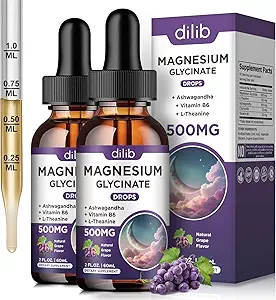 (2 paket) Magnezijev Glicinat Tekoče kapljice 500mg, z vitaminom B6, Ashwagandha, L - Teanin, Kamilica, Magnezijev Glicinat Dodatek Visoka absorpcija za spanje, Stres, Energija Mood - Grozdni okus