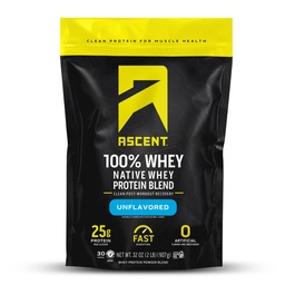 Ascent 100% Whey Protein Powder - Post Workout Whey Protein Isolate, Zero Artificial Flavors & Sweeteners, Gluten Free, 5.5g BCAA, 2.6g Leucine, Unflavored 2 lb
