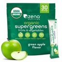 Zena Nutrition Organic Super Greens Powder, 70+ Superfoods, 0 Sugar, 3G Fiber, Spirulina, Klorella, Antioksidanti, Prebiotiki/Probiotiki, Prebavni encimi, Zelena Apple, 30 Drink Mix Packets