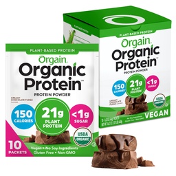 Orgain Organic Vegan Protein Powder, Kremna čokoladna pena - 21g Rastlinske beljakovine, 6g Prebiotična vlaknina, Ni ogljikovih hidratov, Brez laktoze Sestavine, Brez dodanega sladkorja, Ne-GMO, Za pretrese in napitki, 10 Potovalna pakiranja