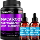 4-v-1 tekoči biotin kolagen keratin žaga Palmetto kapljice (2 fl oz - 2 paket) & 6-v-1 Maca Root Ashwagandha w Črni poper sadje (120ct) strnad - lasje, koža, nohti, Energija & Mood dodatek