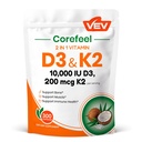 VEV Corefeel Vitamin D3 K2, 10.000 i.e. D3, 200mcg K2 (z MK7), podpira zdravje kosti in zob, dvojno hranilno podporo za dnevno dobro počutje, enostavno požiranje – 300 kapsul