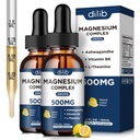 (2 paket) Magnezij Glicinat, Citrat, Malate tekoče kapljice-Triple Magnezijev kompleks Dodatek 500mg z Ashwagandha, L-teanin, Vitamin B6-podpora Mirno, Stress Relief, Spanje, Muscle-Lemon aroma