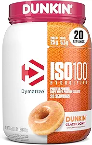 Dymatize x Dunkin' Glaziran krof ISO100 Whey Protein Powder, 25g beljakovin, 5,5g BCAA, 120 kal., brez glutena, 1g maščobe, 1g sladkorja, 2g karb (20 servingov)