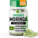 Organski Moringa, antioksidant za hranilne snovi z vitaminom C, A, E, kalcij, kalij, železo, magnezij, beljakovine in aminokisline za hidracijo in energijo, Vegan, 1200 MG na servis, 90 CT