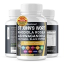 John's Wort Rhodiola Rosea Ashwagandha Sveti Basil Valerian Kamilica Črna paprika -150 Kapsula- Izdelano v ZDA