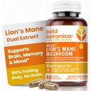 Bold Botanica Levje grivaste gobe Kapsule - 100% sadno telo – Koncentrirani organski izvlečki Mane – Nootropično zdravje možganov – Spomin, Mood, Imunska podpora – 60 veganskih kapsul