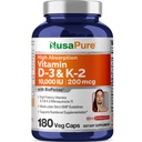 NusaPure Vitamin K2 (MK7) (200mcg) + Vitamin D3 (10000 i.e.) 180 Veg Caps - Bioperine, Soyfree, Non-GMO