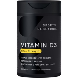 Športne raziskave Vitamin D3 5000 i.e. s kokosovim MCT oljem - Visoka jakost Vitamin D dodatek za imuno in kostno podporo - Ne-GMO preverjen, Gluten & Soy Free – 125mcg, 30 Tekoči softgels