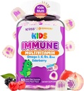 Otroci Multivitaminski + Imunska podpora Gumies, Vitamin C D3 & cink, Omega-3, A, E, Elderberry, Otroci Vitamin Gumies za zdrav razvoj, Immuniteta, Rast kosti in oči zdravje, Sladkor brez, 60 Cts