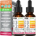 (2 pakiranji) Organski vitamin D3 K2 Kapljice 5000 i.e. z MCT oljem Omega 3 - Največja jakost Tekoča D3 brez polnil, Non-GMO za hitrejšo absorpcijo, Imunska podpora (Strawberry, 2 Fl Oz)