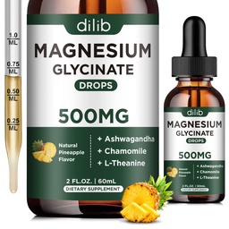 Magnezij Glycinate 500mg - Tekoči magnezijevi kapljice, Ashwagandha, L - Theanine, Kamilica - Pomirite & Stres Relief, Sprostitev, Mirno spanje, Mišično srce zdravje, Vegan - 2 Fl Oz (30 dni)