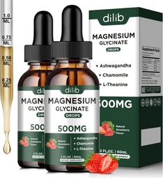 Magnezij Glycinate tekoče kapljice dodatek, z Magnezij Glycinate 500mg Ashwagandha, L - Theanine, Kamilica -Podpora Stres Relief, kosti, mišice, Mood Jagode Okus 2Pack