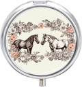 Round Metal Pill Box,Flowers in konji ročno črpana Tiskane Potovalne tablete Organizator Prenosne tablete Zabojnik tablete Majhne tablete Škatla za torbico in žep za shranjevanje vitaminov, zdravil in dodatkov