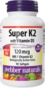 Webber Naturals Super Vitamin K2 MK-7 120 mcg z vitaminom D3, 90 Mehkužci, Podpira kosti, zobje, in kardiovaskularni sistem