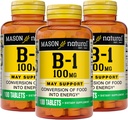 Mason Natural Vitamin B1 (Tiamin) 100 mg, Zdrava pretvorba hrane v energijo, Podpira živčno in imuno zdravje, 100 tablet (Pack of 3)