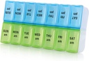 7 Tedenske tablete Organizator,Velike dnevne tablete Organizator 2 krat na dan,AM PM tablete primera, Day Night tablete vsebnik 7 dan 14 Kompartmenti za tablete Vitamin medicine (modra + zelena)
