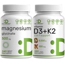 Magnezij Glycinate 500mg Veggie Kapsule & Vitamin D3 5000iu + K2 100mcg Softgels Bundle – Preprosto absorbirani kelirani mineral – D & K Essential Sunshine Vitamins