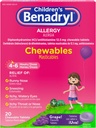 Benadryl Otroška alergija Žvečilni izdelki z difenhidramin HCl, žvečljivi otroci tablete antihistaminikov za lajšanje simptomov alergije, kot so Sneesing & Srbeče oči, grozdni okus, 20 ct