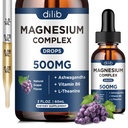 Magnezij Glycinate tekoče kapljice, Magnezij Glycinate dodatek 500mg s Citrat, Malate, Ashwagandha, L-Theanin, Vitamin B6 za spanje, Stress Relief, kosti, mišice, Mood, Grozdni okus 2 Fl Oz