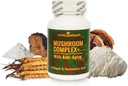 Kompleks gob z anti-Aging. Naravne gobe-na osnovi anti-Aging dopolnila s Chaga, levja griva, Cordyceps, Reishi, Collagen, Hyaluronska kislina, vitamini B1, B2, B6, C, D.
