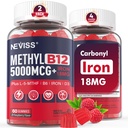 NEVIS metil B12 Vitamini 5000 mcg Gumiji + železo 18 mg za ženske - aktivni metilkobalamin metil B12 Vitamin dodatek w/L-metilFolat, B6 (P5P) & D3 za podporo energiji in fokusu, 120 Servisi