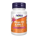 NOW Foods Supplements, Mega D-3 & MK-7 z vitamini D-3 & K-2, 5000 i.e./180 μg, kostno-kardiovaskularna podpora*, 60 Veg kapsul