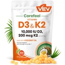 VEV Corefeel Vitamin D3 K2 10.000 i.e., 200 μg MK-7, 300 Kokosovo olje Mehčalci, 2 v 1 Vitamini Dopolnilo D & K (Vključite MK7), Enostaven za pogoltnitev, podpira kalcijevo absorpcijo, zdravje kosti
