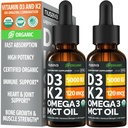 (2 pakiranji) Organski vitamin D3 K2 Kapljice z MCT oljem Omega 3, 5000 i.e. – tekoči D3, brez polnil, ne-GMO, Imunska podpora (nearomatizirana, 2 Fl Oz)