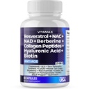 Resveratrol NAD+ Berberine Hyaluronska kislina - Biotin Grozdje & borovnica + NAC - Kolagen Peptide - Lasje, Nail, Skin & Joint dodatek - 21-v-1 Ženske in moški - Izdelano v ZDA (60 Count (Pack of 1)