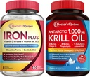 Zdravnikovi recepti Železo Bisglicinat & Krill Oil Bundele, Podpora za kri in energijo, Skupno, Možgani in Očesno zdravje, Brez Gluten, Probiotiki (60 Kapsule) & Kril olje (60 Softgels)