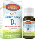 Carlson - Otroški super dnevni D3, otroci Kapljice vitamina D, 400 i.e. (10 μg) na kapljico, zdravje srca, Imunska podpora, vegetarijanske, kapljice tekočega vitamina D, nearomadne, 365 kapljic