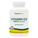 Natures Plus Vitamin D3, Razširjena sprostitev - 90 Veganske tablete - 5000 i.e. + 25 mg Trans-resveratrol - Zdravje srca in kosti, Podpora imunskega sistema, Anti-Aging - Gluten Free - 90 Servinges