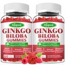 2 Pack Ginkgo Biloba Gummies s Panax Ginseng in magnezij, Ginkgo Biloba dopolnila za fokus, spomin, in zdravje možganov za odrasle & otroke, Vegan Raspberry Flavor Gummies, 120 Count