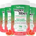 Bellway Super Fiber Powder + Collagen (4 paket), Psylium Husk brez sladkorja Powder s kolagen peptidi in hialuronsko kislino za zdravje črevesja, zdravo kožo, nohte, kosti in sklepe, lubenica (42,4 oz)