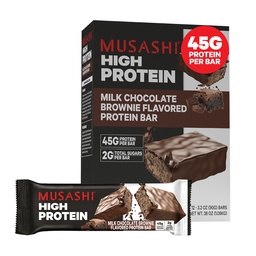 MUSASHI High Protein Bar, 45g Beljakovine, 2g Skupni sladkorji, Mlečna čokolada Brownie, Post Workout in beljakovinski prigrizek na Go, 12 Pack 3,2oz (90g) Bari
