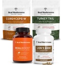 Prave gobe RealBoost (60ct), Lions Mane (120ct), Cordyceps & Turkey repa gobe v prahu in kapsule paket - goba dodatek za energijo, vitalnost, vzdržljivost in kognition - Vegan, Non-GMO