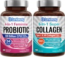Probiotik + kolagenski paket, 4-v-1 femininski probiotik (30ct) & 6-v-1 Super kolagen (90ct), 2 paketa, brusnica, prebavna in zdrava podpora za staranje, ne-GMO